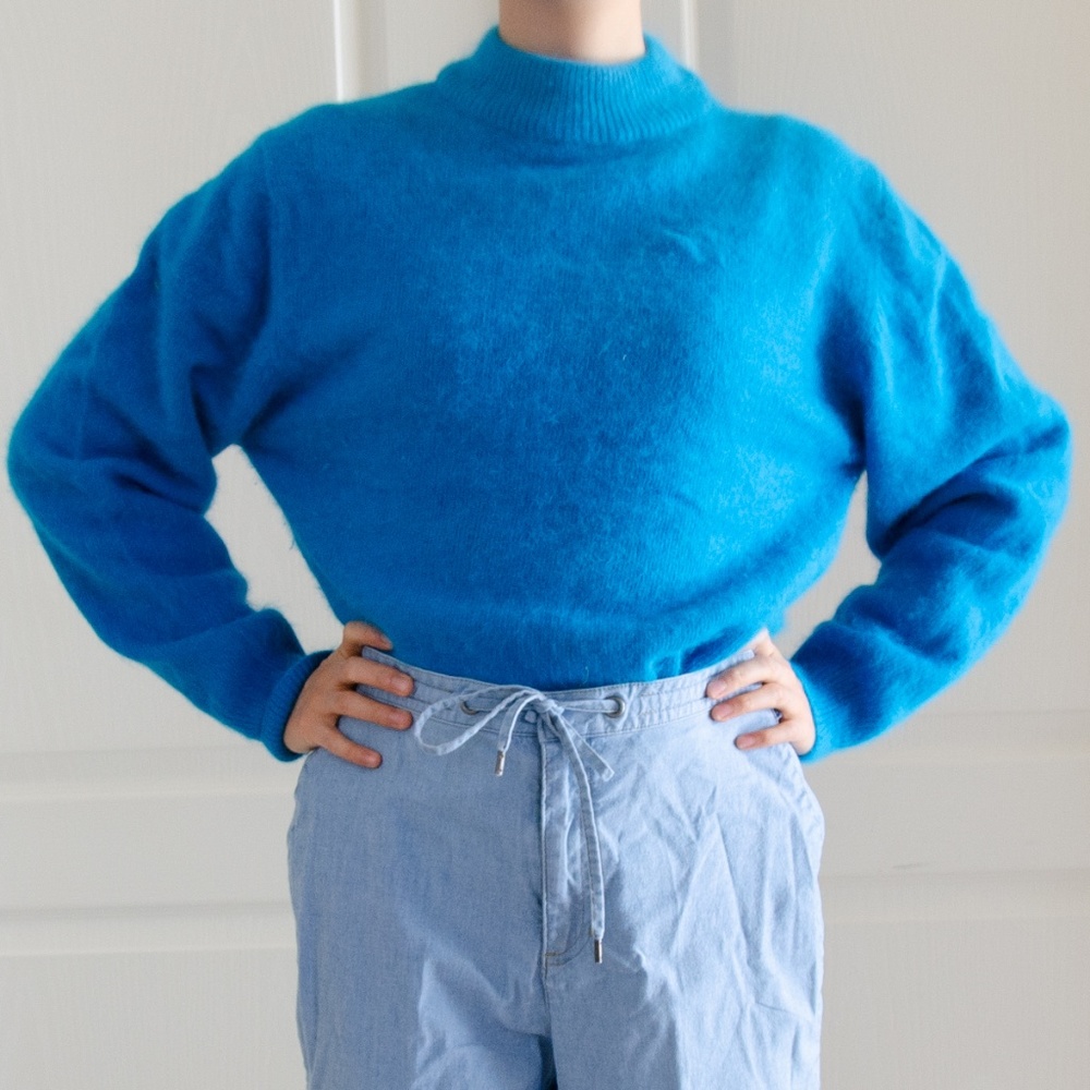 Vintage peacock blue mockneck rabbit hair sweater